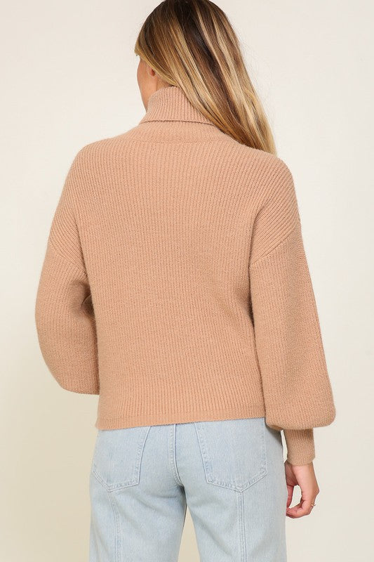 Rib Knitted Turtleneck Sweater with Bishop Sleeve. Khaki Color Knit Sweater. 