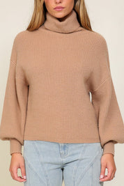 Rib Knitted Turtleneck Sweater with Bishop Sleeve. Khaki Color Knit Sweater. 