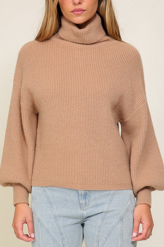 Rib Knitted Turtleneck Sweater with Bishop Sleeve. Khaki Color Knit Sweater. 