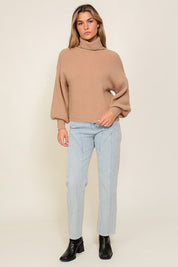 Rib Knitted Turtleneck Sweater with Bishop Sleeve. Khaki Color Knit Sweater. 