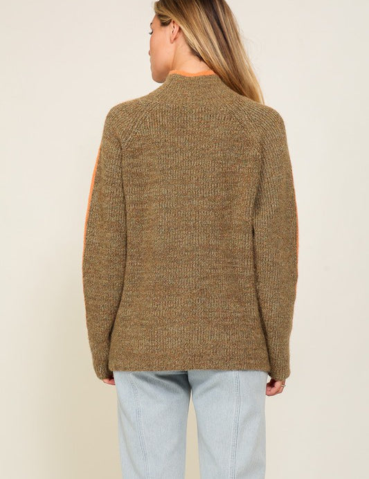 Weekend Favorite Marled Brown Raglan Sleeve Funnel Neck Sweater. Brown Sweater with Orange stripe.