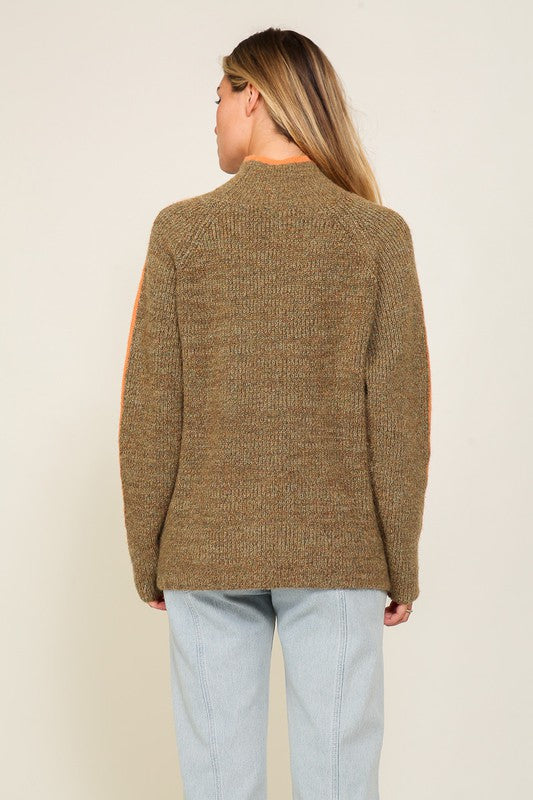 Weekend Favorite Marled Brown Raglan Sleeve Funnel Neck Sweater. Brown Sweater with Orange stripe.