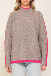 Weekend Favorite Marled Brown Raglan Sleeve Funnel Neck Sweater.TAUPE Sweater with FUCHSIA stripe.