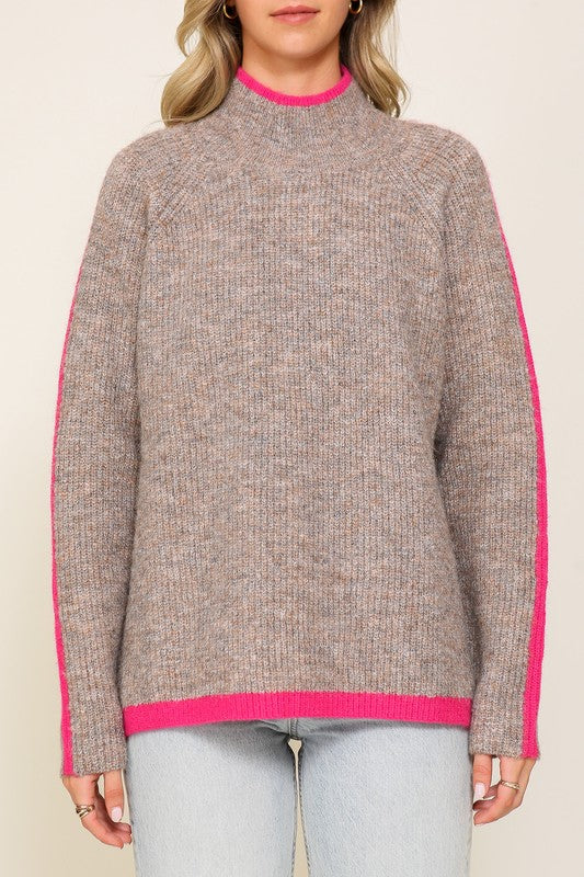 Weekend Favorite Marled Brown Raglan Sleeve Funnel Neck Sweater.TAUPE Sweater with FUCHSIA stripe.