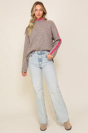 Weekend Favorite Marled Brown Raglan Sleeve Funnel Neck Sweater.TAUPE Sweater with FUCHSIA stripe.