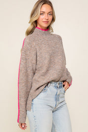 Weekend Favorite Marled Brown Raglan Sleeve Funnel Neck Sweater.TAUPE Sweater with FUCHSIA stripe.