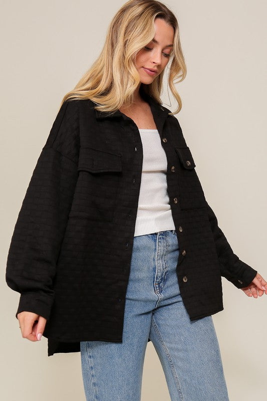  Quilted Button Down Long Sleeve Jacket. Black button down jacket. 