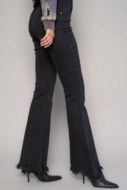 Button Fly Fray Hem Flare Jeans - Sunday Golden