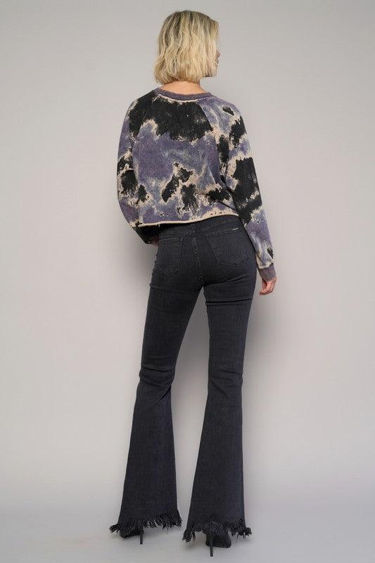 Button Fly Fray Hem Flare Jeans - Sunday Golden