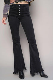 Button Fly Fray Hem Flare Jeans - Sunday Golden