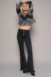 Button Fly Fray Hem Flare Jeans - Sunday Golden