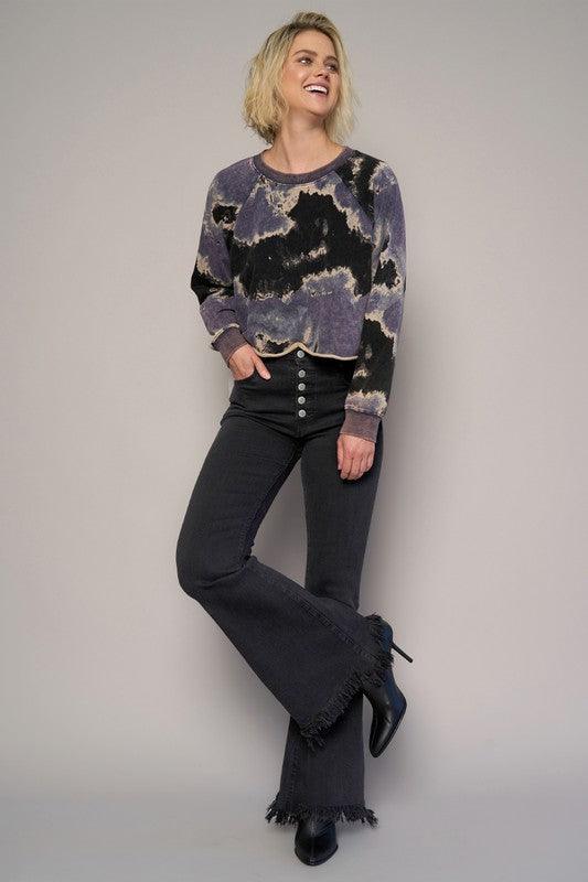 Button Fly Fray Hem Flare Jeans - Sunday Golden