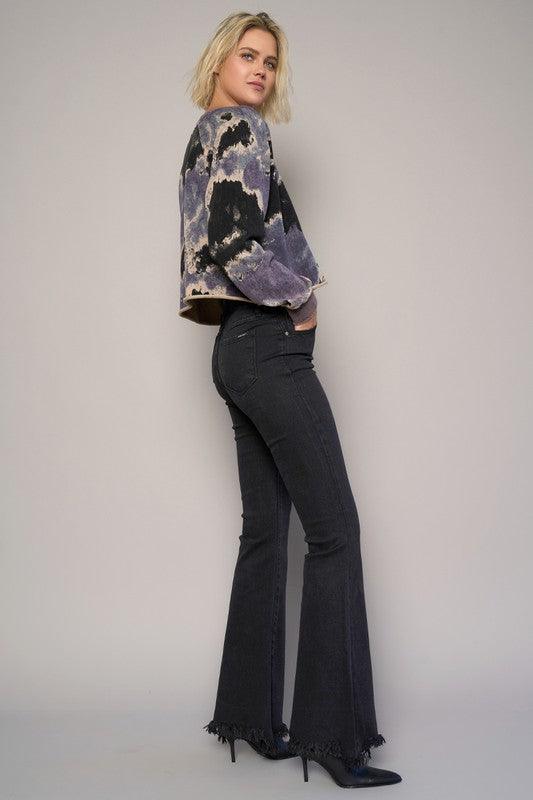 Button Fly Fray Hem Flare Jeans - Sunday Golden