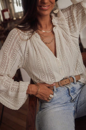 Suki Crochet Lace Button V-neck Knit Sweater Blouse
