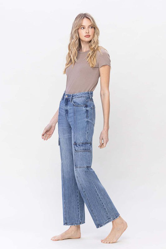 High Rise Dad Cargo Jeans. Cargo Denim. Blue Color. 