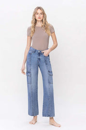 High Rise Dad Cargo Jeans. Cargo Denim. Blue Color. 