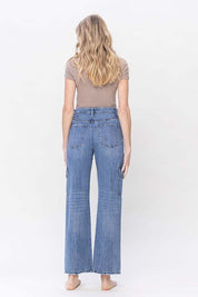 High Rise Dad Cargo Jeans. Cargo Denim. Blue Color. 