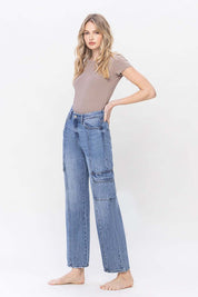 High Rise Dad Cargo Jeans. Cargo Denim. Blue Color. 