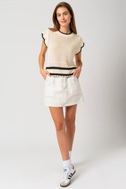 Tallulah  Round Neck Ruffle Sleeveless Color Contrast Top