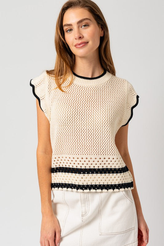 Tallulah  Round Neck Ruffle Sleeveless Color Contrast Top