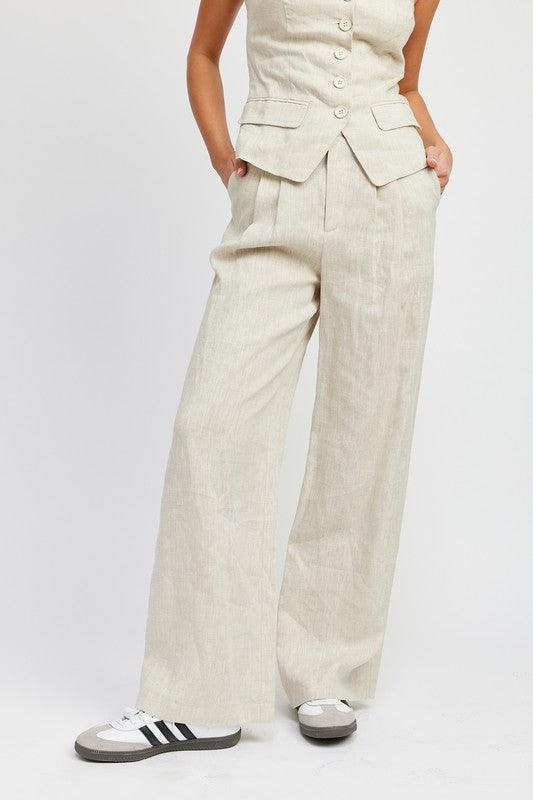 Full Length Pleated Linen Pants - Sunday Golden