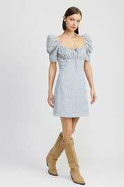 FLORAL MINI DRESS WITH PUFF SLEEVES - Sunday Golden