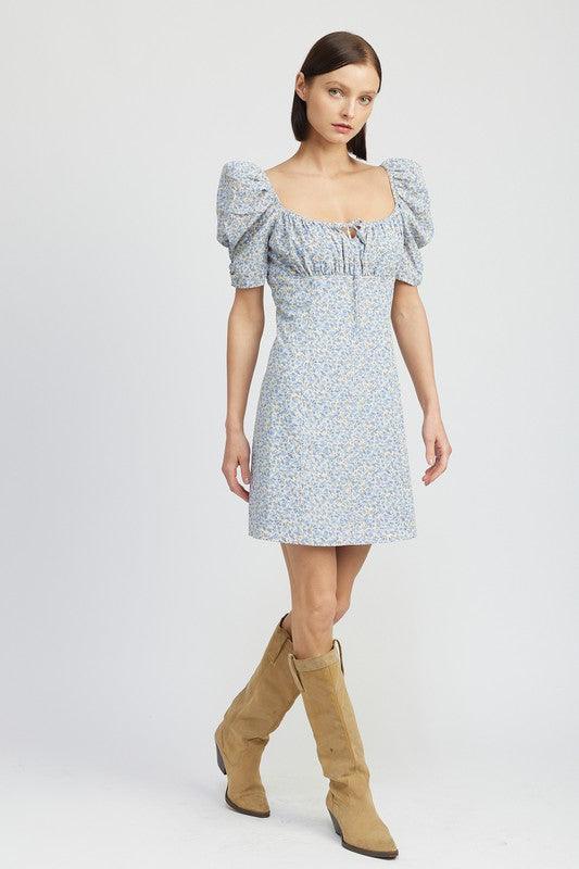 FLORAL MINI DRESS WITH PUFF SLEEVES - Sunday Golden