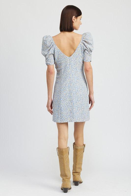 FLORAL MINI DRESS WITH PUFF SLEEVES - Sunday Golden
