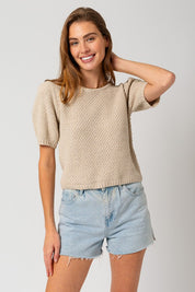 Milo Puff Sleeve Round Neck Texture Sweater Top