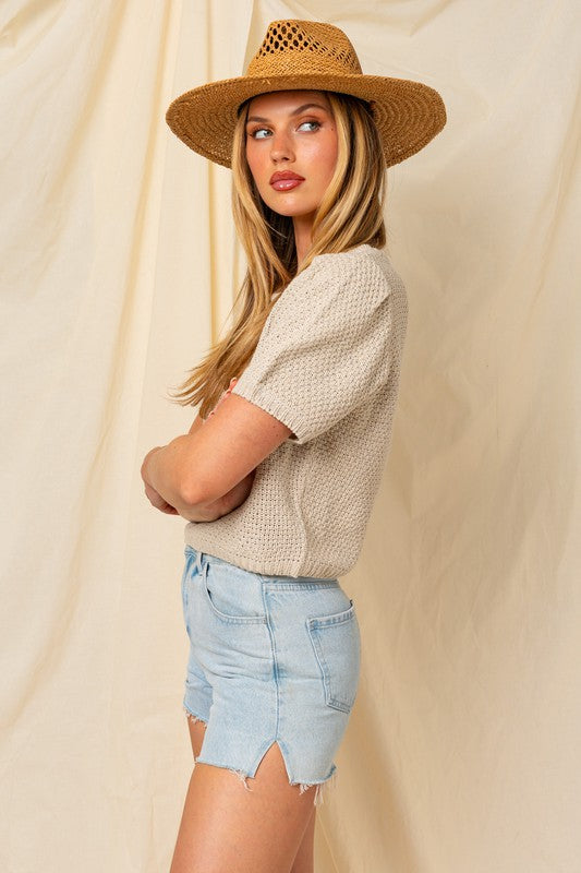 Milo Puff Sleeve Round Neck Texture Sweater Top