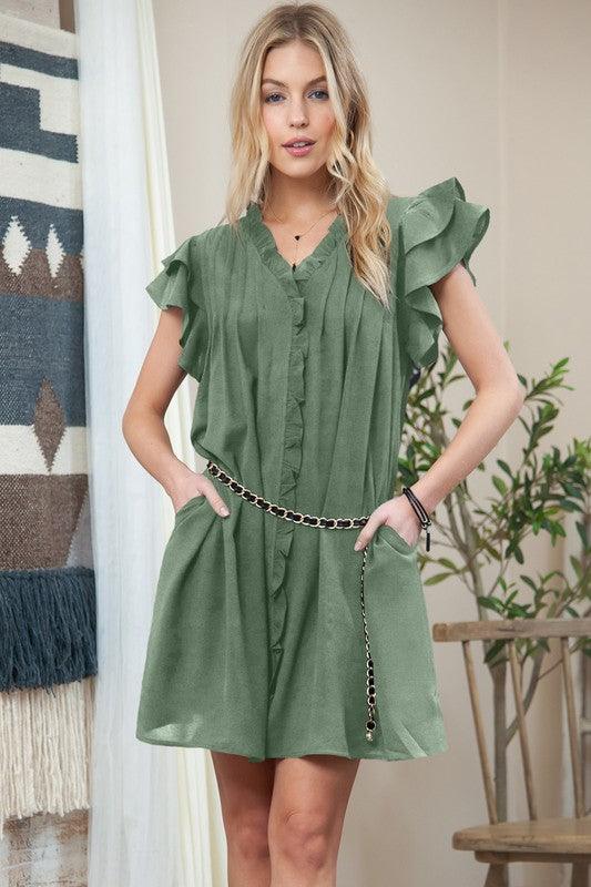Ruffle Sleeve V neck Green, Black dress w/ pocket - Sunday Golden