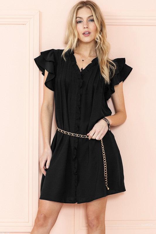 Ruffle Sleeve V neck Green, Black dress w/ pocket - Sunday Golden