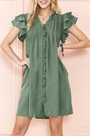 Ruffle Sleeve V neck Green, Black dress w/ pocket - Sunday Golden