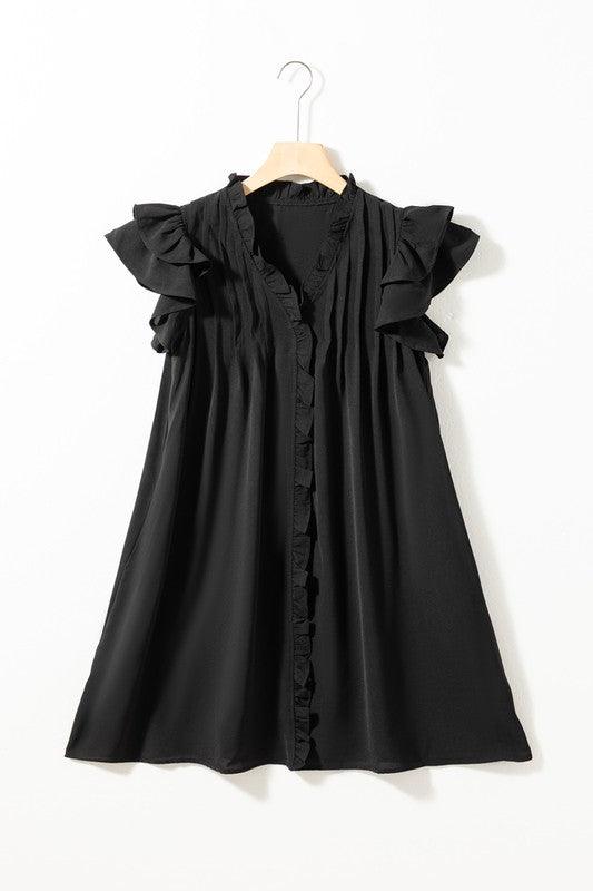 Ruffle Sleeve V neck Green, Black dress w/ pocket - Sunday Golden