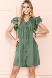 Ruffle Sleeve V neck Green, Black dress w/ pocket - Sunday Golden