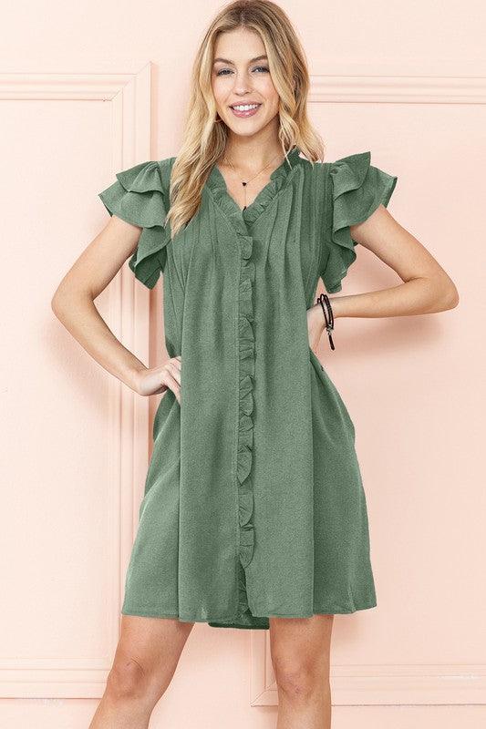 Ruffle Sleeve V neck Green, Black dress w/ pocket - Sunday Golden