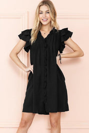 Ruffle Sleeve V neck Green, Black dress w/ pocket - Sunday Golden