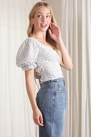 Puff Sleeve Top. Tie back. White with  Floral Print. Feminine Top. 
