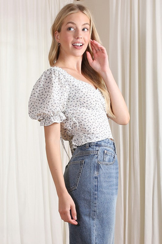 Puff Sleeve Top. Tie back. White with  Floral Print. Feminine Top. 