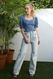 Puff Sleeve Top. Tie back. Blue Floral. Feminine Top. 
