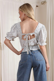 Puff Sleeve Top. Tie back. White with  Floral Print. Feminine Top. 
