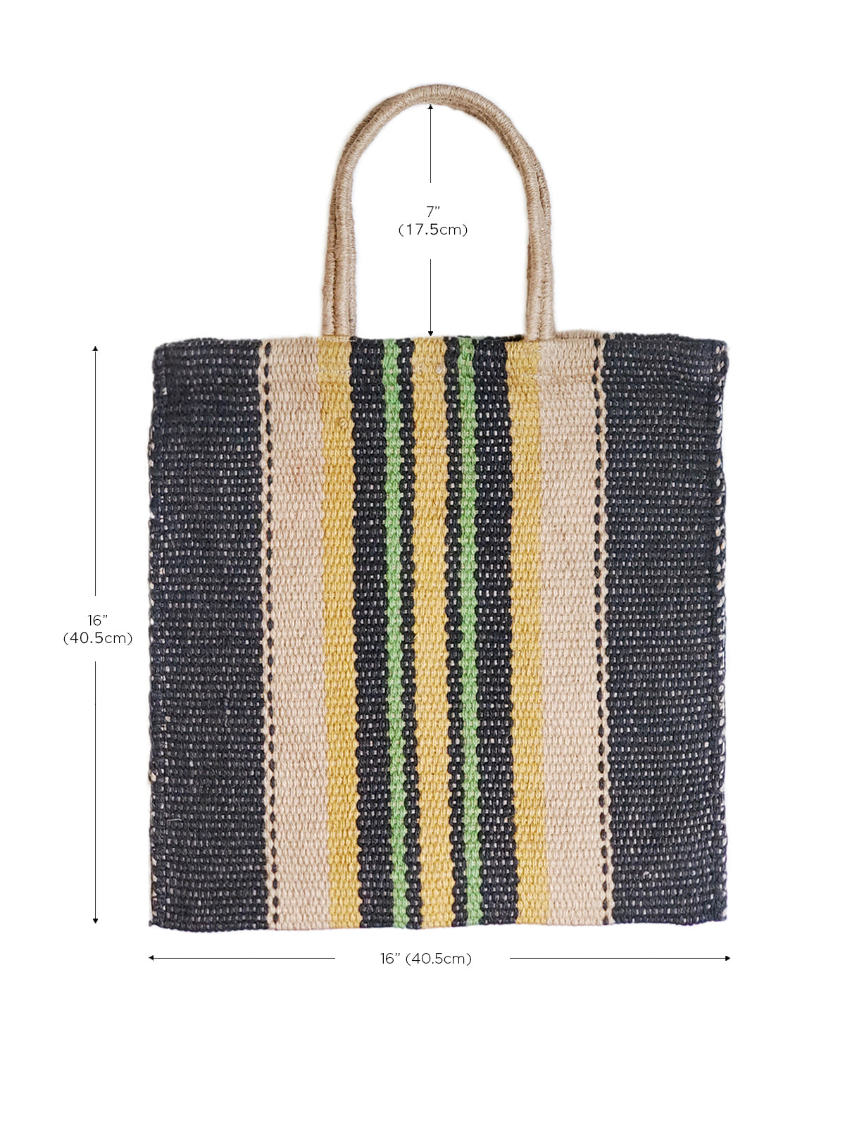 16”tall x 16"wide / Handle drop 7". 100% Handwoven Jute Fabric. Natural, Navy and Multicolor in color.
