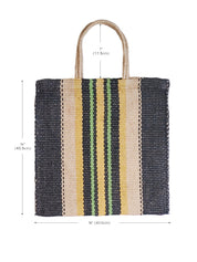 16”tall x 16"wide / Handle drop 7". 100% Handwoven Jute Fabric. Natural, Navy and Multicolor in color.