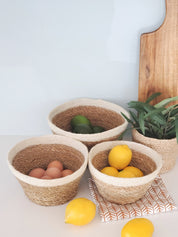 Savar Plant Bowl set. set of 3. made of seagrass leaves with natural jute accent at top.