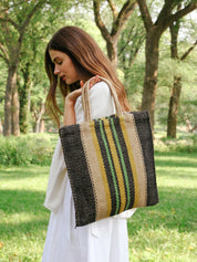 16”tall x 16"wide / Handle drop 7". 100% Handwoven Jute Fabric. Natural, Navy and Multicolor in color.