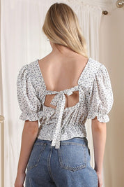 Puff Sleeve Top. Tie back. White with  Floral Print. Feminine Top. 