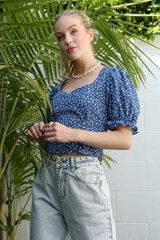 Puff Sleeve Top. Tie back. Blue Floral. Feminine Top. 