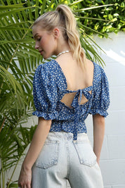 Puff Sleeve Top. Tie back. Blue Floral. Feminine Top. 