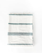 Ethically crafted in Ethiopia. Cotton throw blanket. Measures 38 x 72 inches. natural with navy.