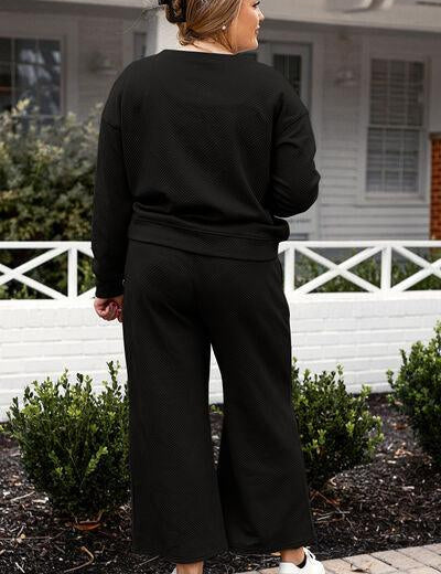 Textured Long Sleeve Top and Drawstring Pants Set - Sunday Golden